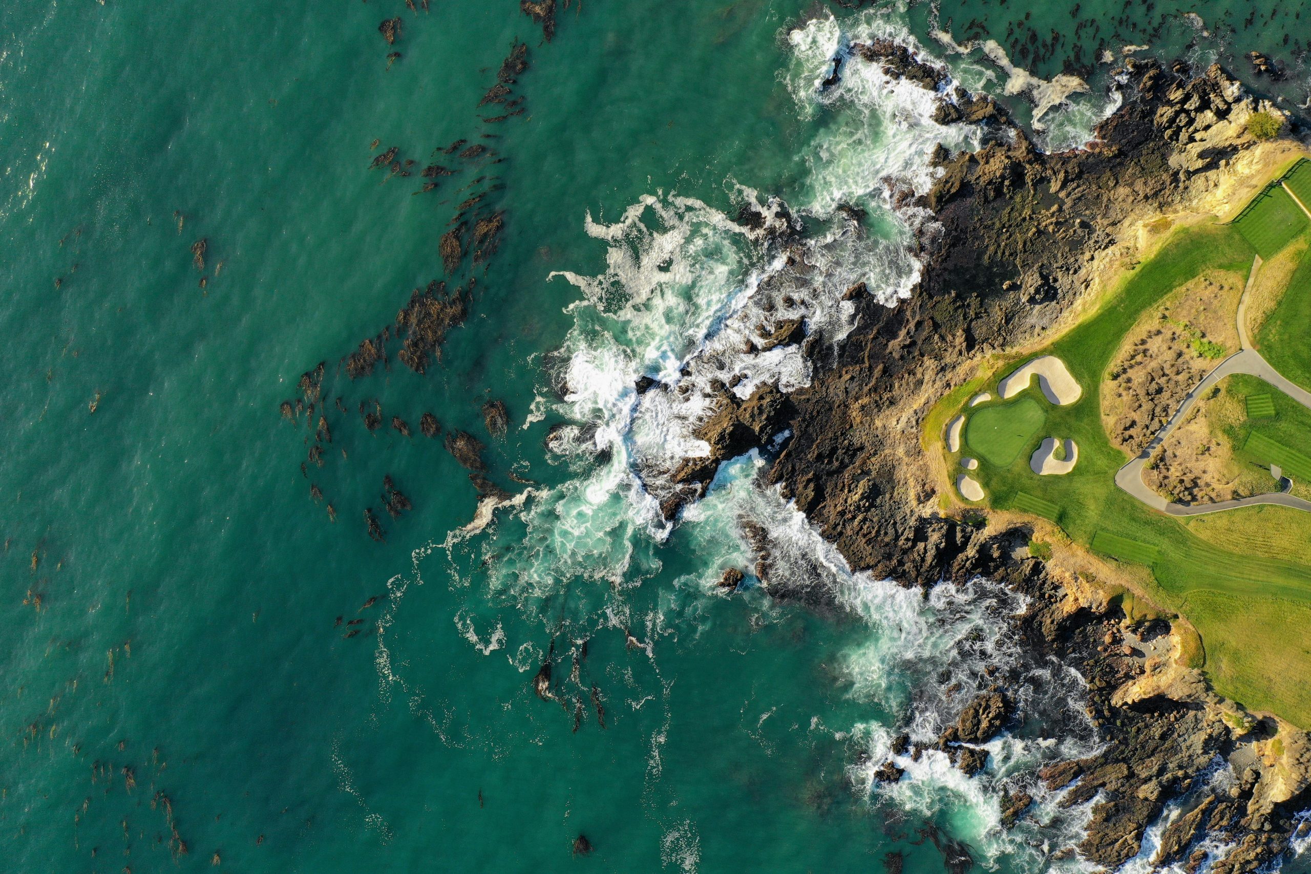 An aerial view of a rocky coastline with waves crashing against the shore. There is a green grassy area with a winding path and a few scattered trees.