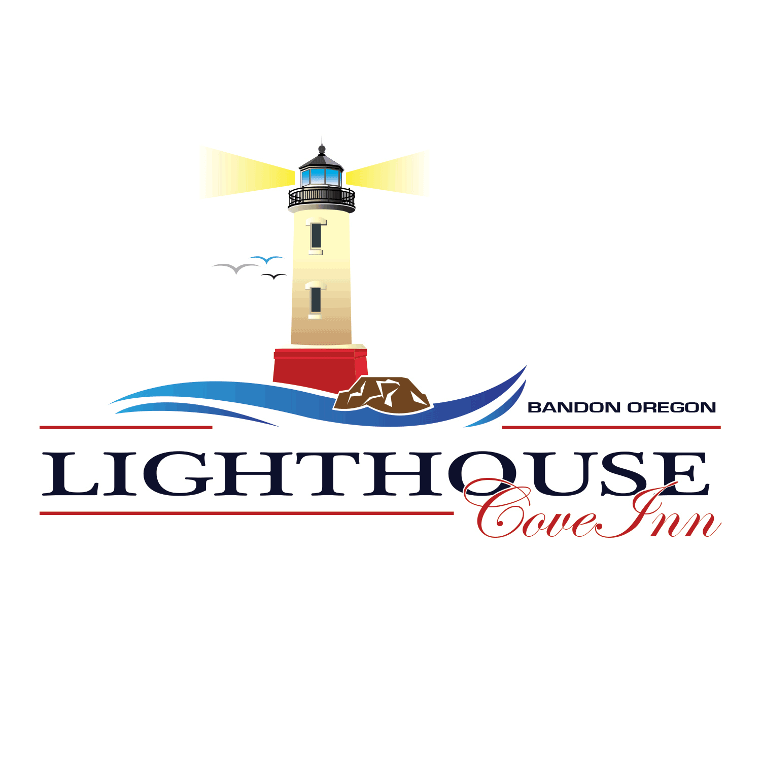 Logo of Lighthouse Cove Inn in Bandon, Oregon, featuring a lighthouse with light beams, blue waves, rocks, and birds.