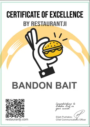 Certificate of Excellence for Bandon Bait by Restaurantji, featuring a hand holding a burger illustration, QR code, and officer's signature.