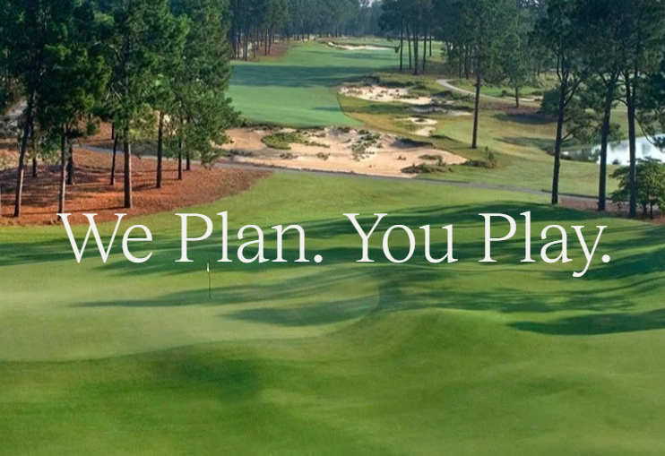 A golf course with green fairways and sand bunkers, overlaid with the text 